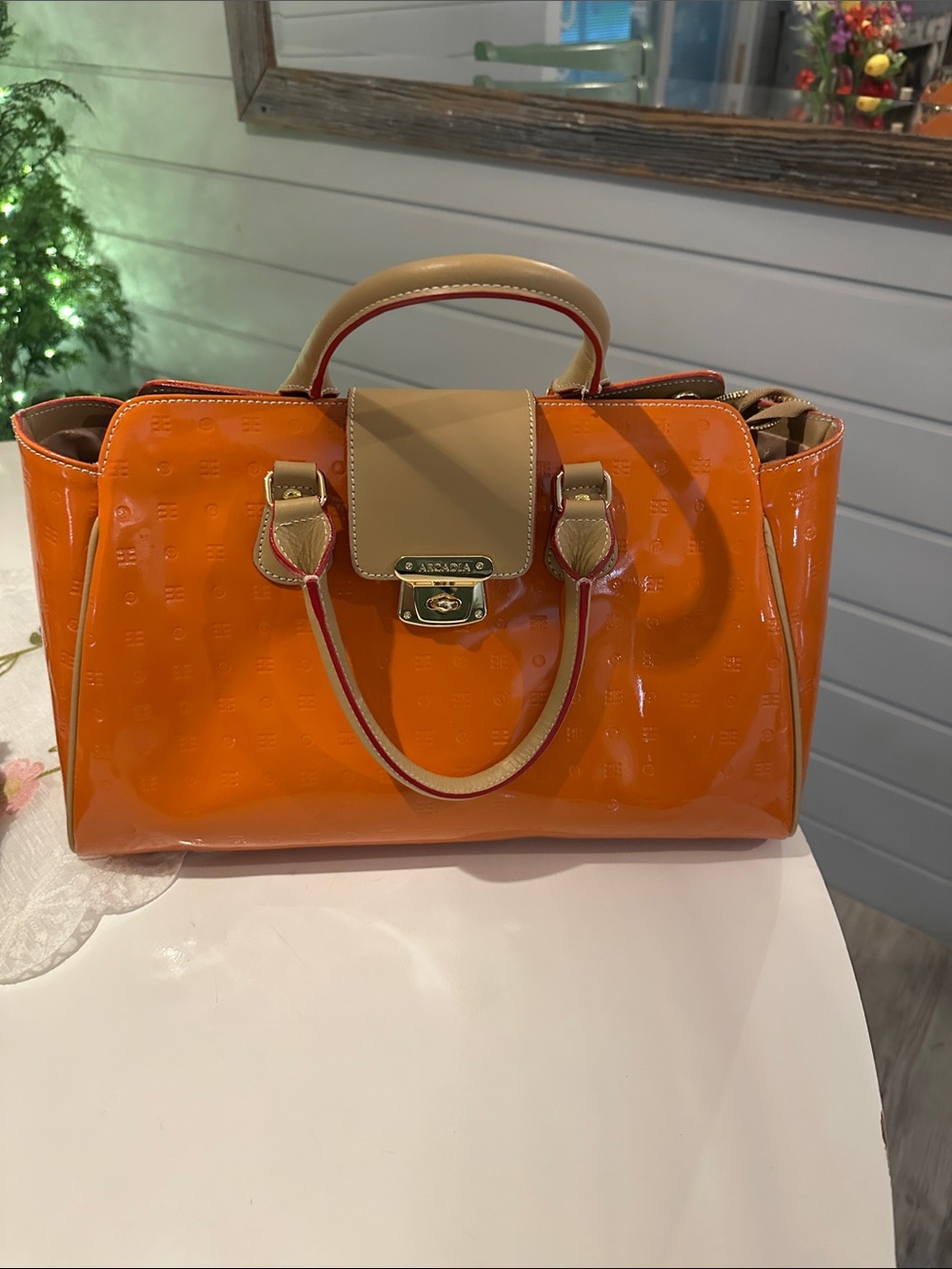 Arcadia Orange Patent Satchel with Tan Trim